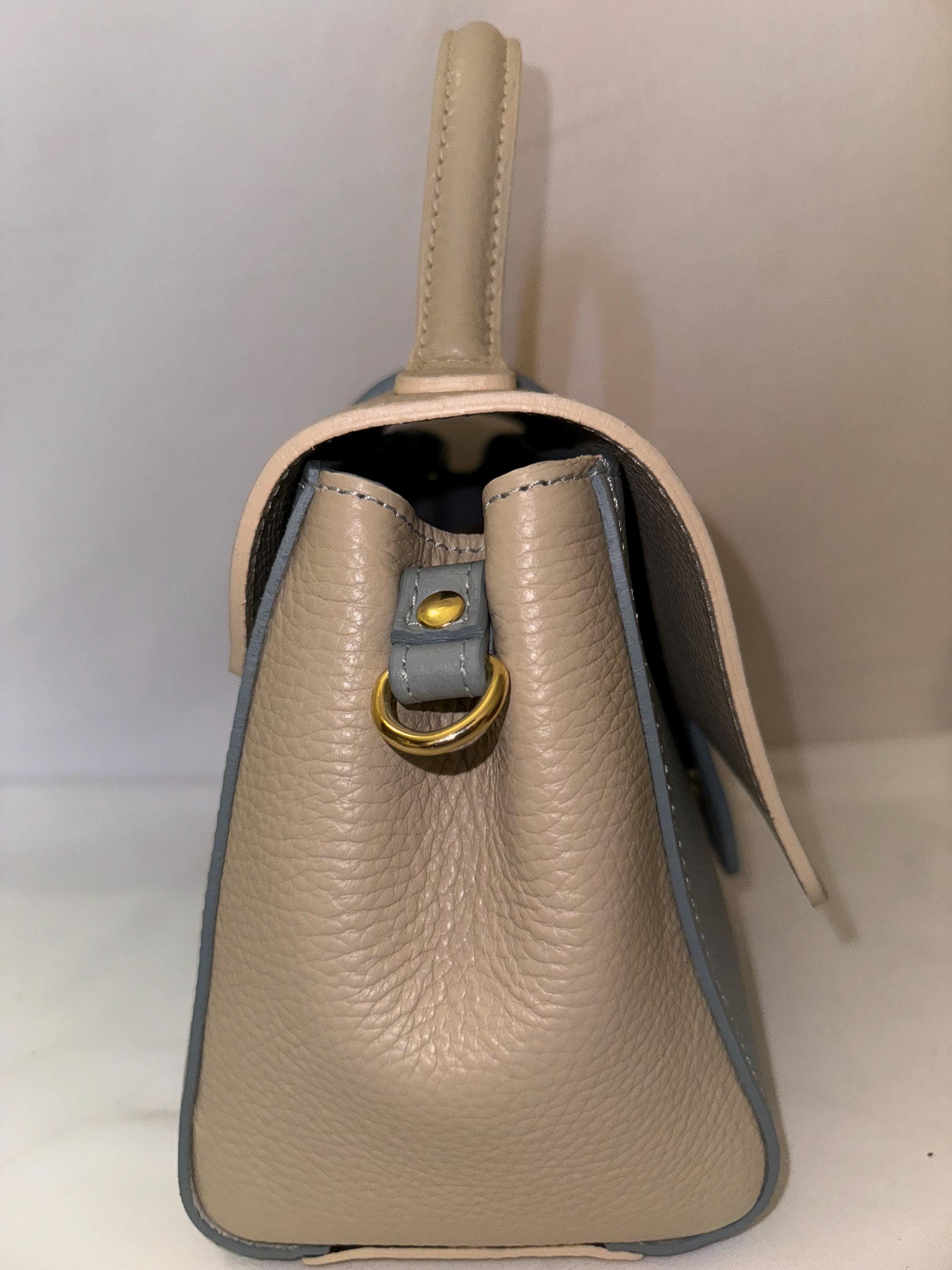 Italian Handmade Leather Bag For Women | Two-Tone Beige and Blue Top-Handle Bag | Elegant and Versatile | Made in Italy