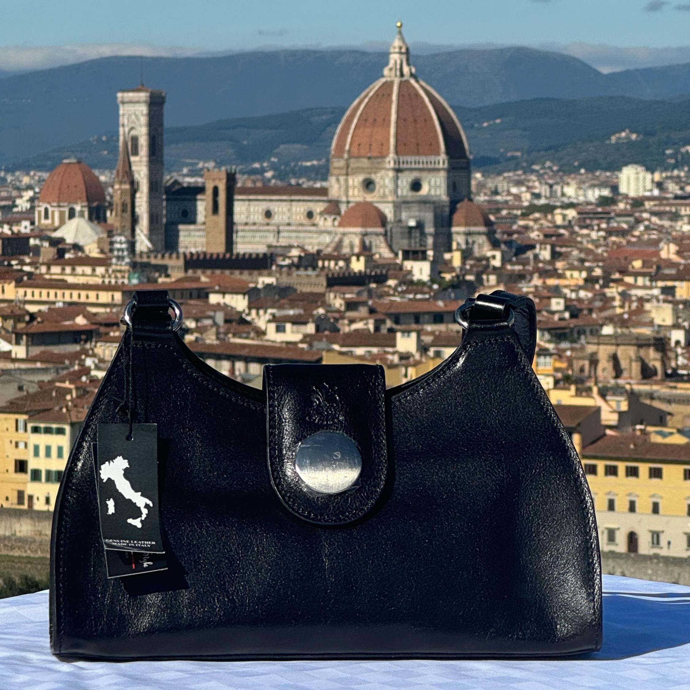 Italian Handmade Leather Bag For Women | Elegant Black Handbag with Pearl Accent | Made in Italy