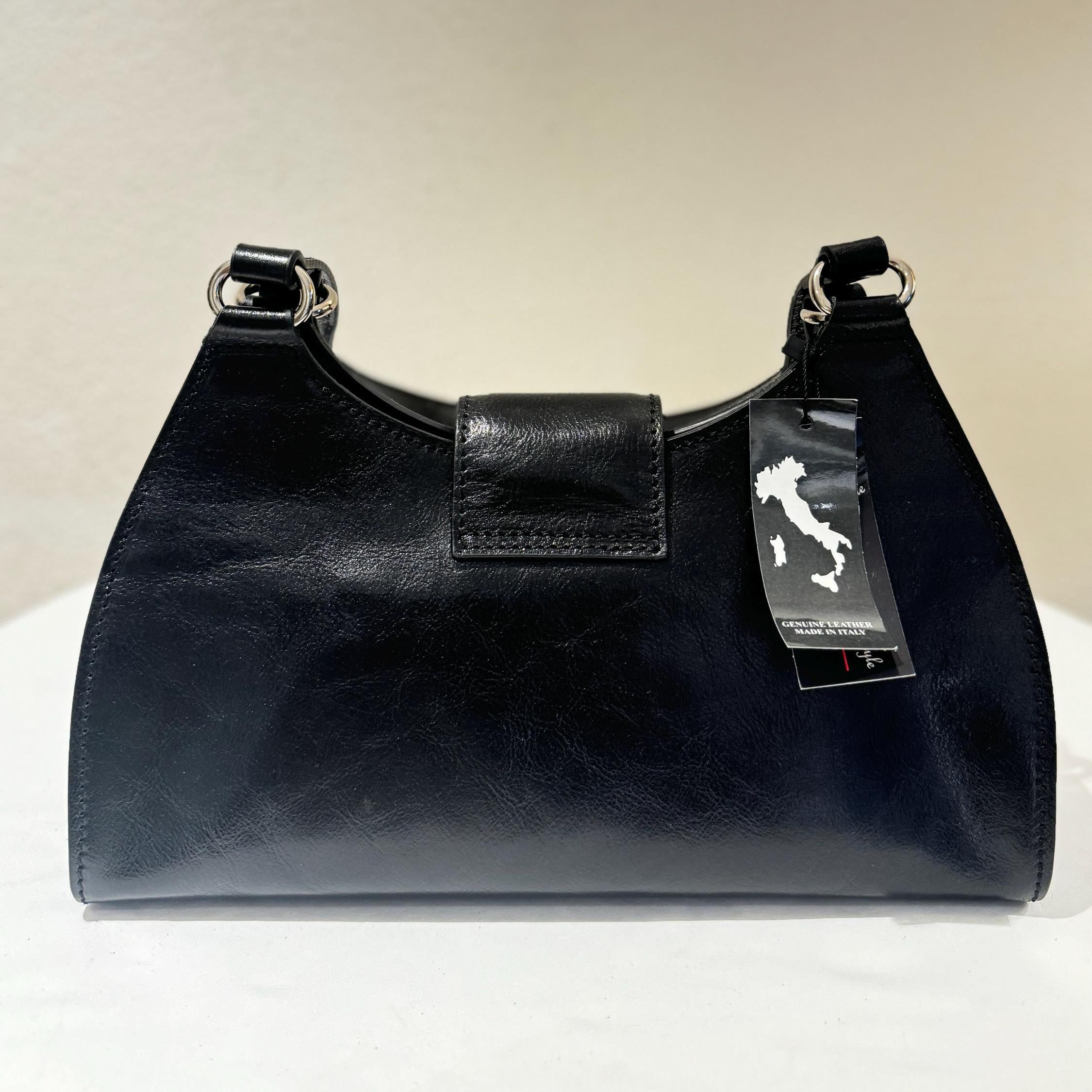 Italian Handmade Leather Bag For Women | Elegant Black Handbag with Pearl Accent | Made in Italy