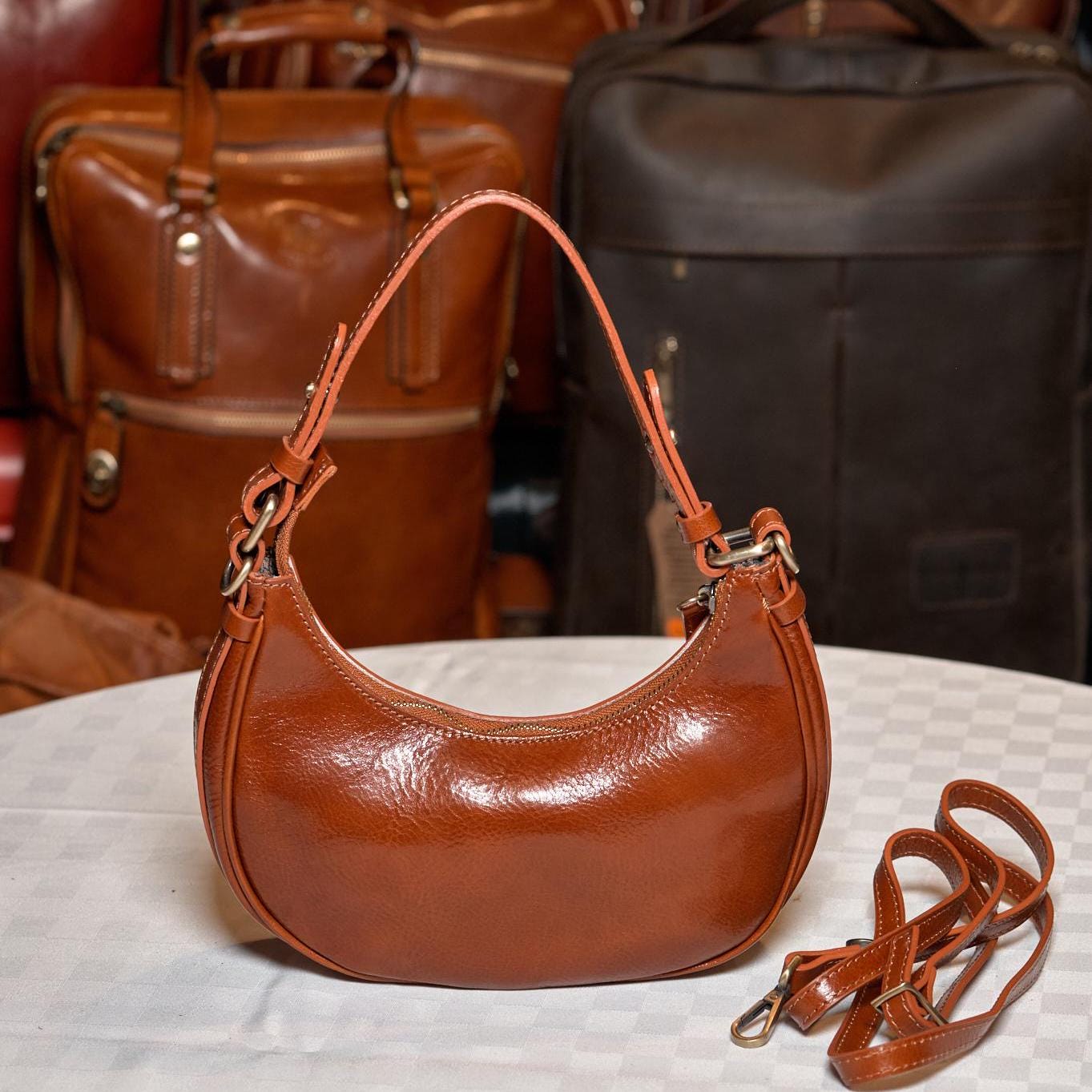 Italian Handmade Leather Bag For Women | Light Brown Crescent Shoulder Bag | Elegant and Versatile | Made in Italy