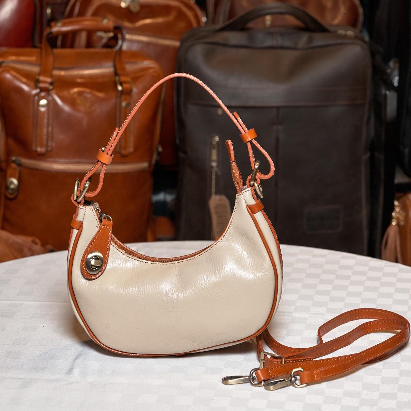 Italian Handmade Leather Bag for Women | White and Brown Shoulder Bag | Elegant Crescent Design | From Florence, Made in Italy