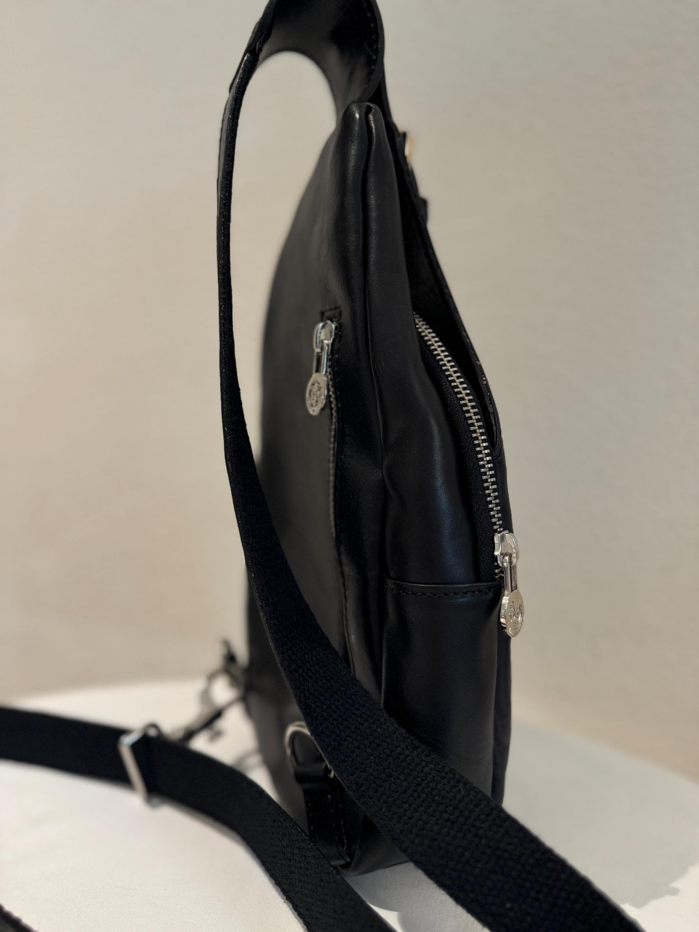 Italian Handmade Leather Sling Bag | Unisex Crossbody Backpack, Black Bag, Made in Italy