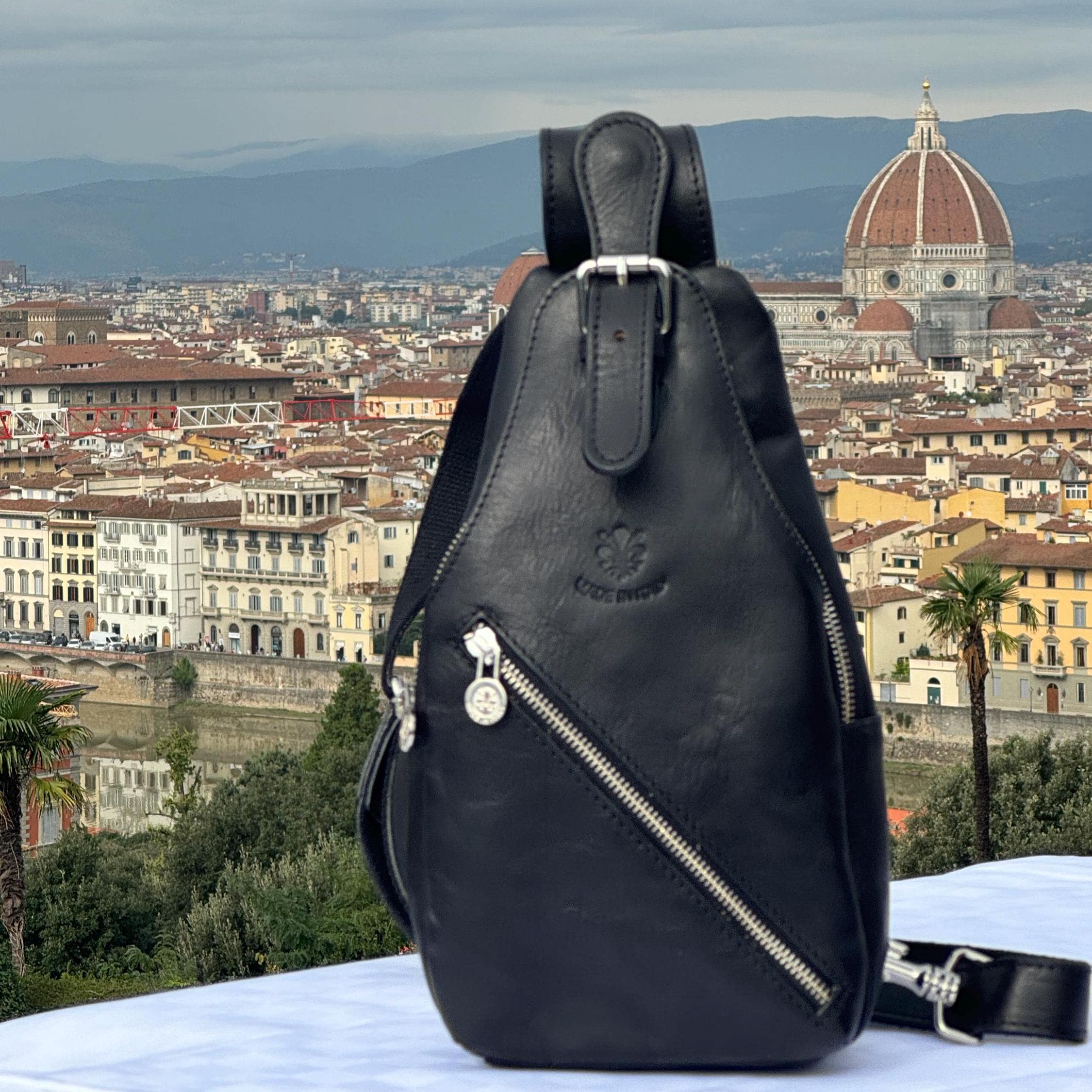 Italian Handmade Leather Sling Bag | Unisex Crossbody Backpack, Black Bag, Made in Italy