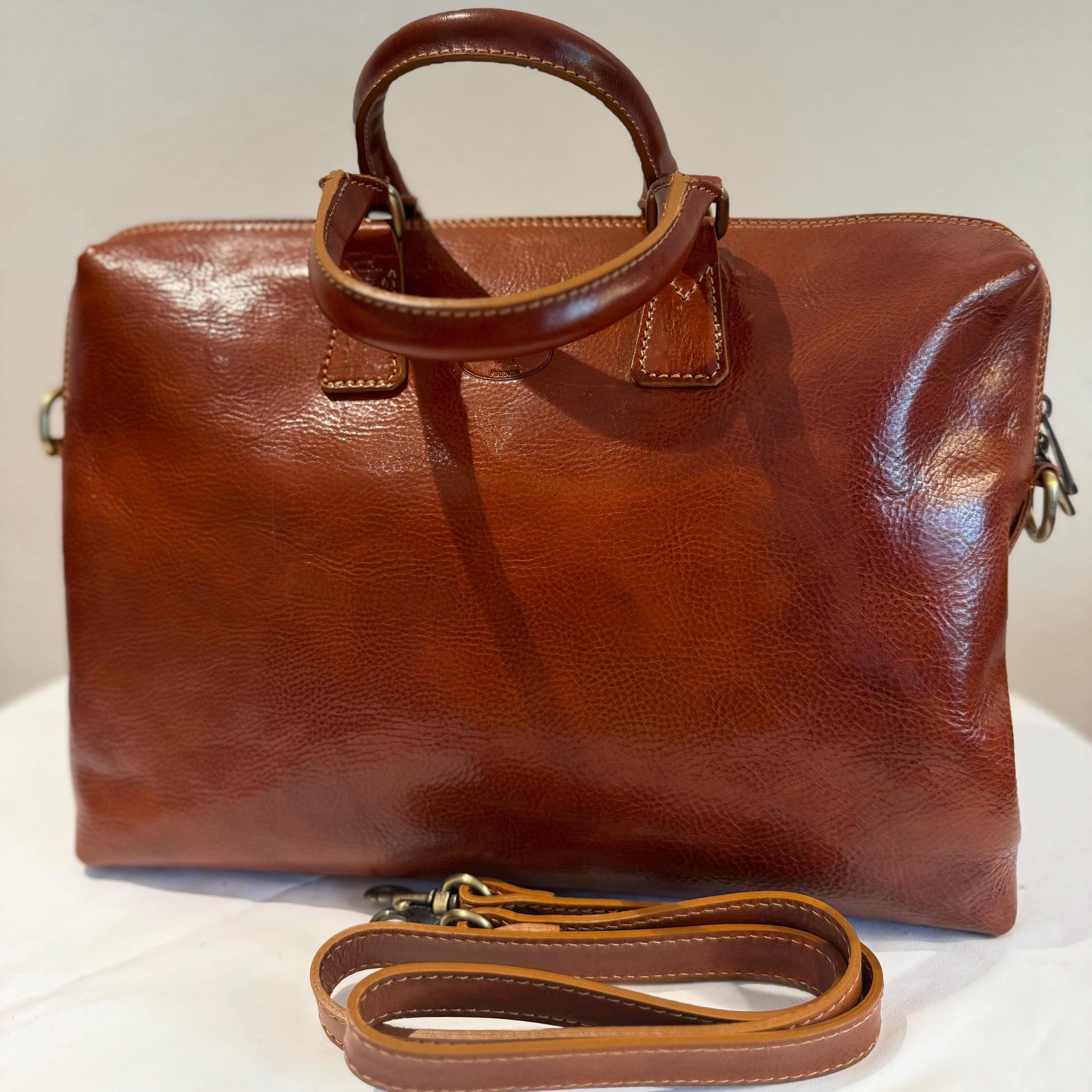 Italian Handmade Leather Briefcase | Men's Luxury Work Bag, Cognac Brown, Made in Italy