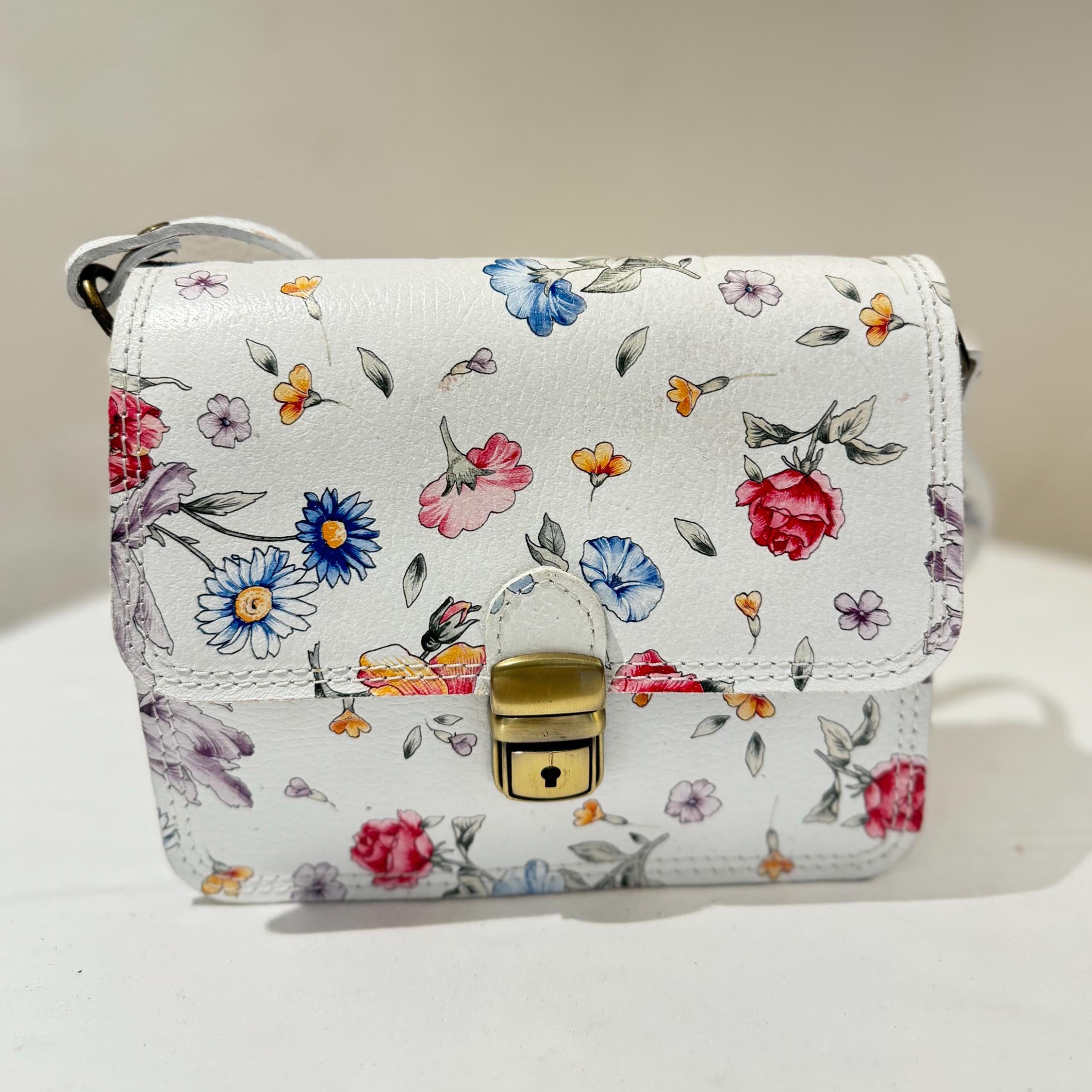 Italian Handmade Leather Bag For Women | Elegant Floral Crossbody From Florence, White Bag, Made in Italy