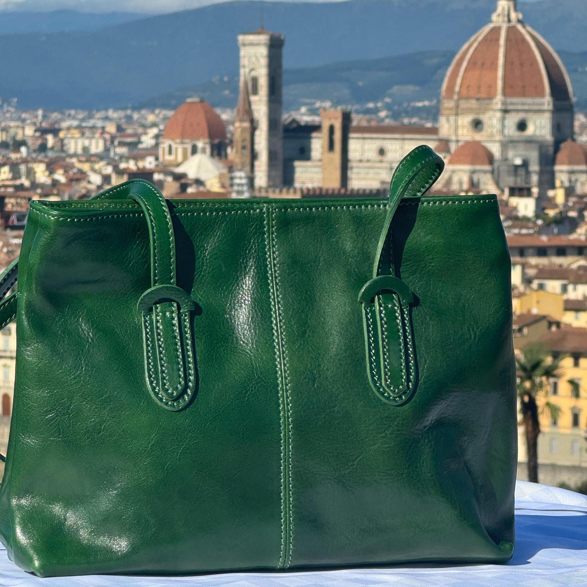 Italian Handmade Leather Bag For Women | Elegant Green Leather Tote From Florence, Made in Italy