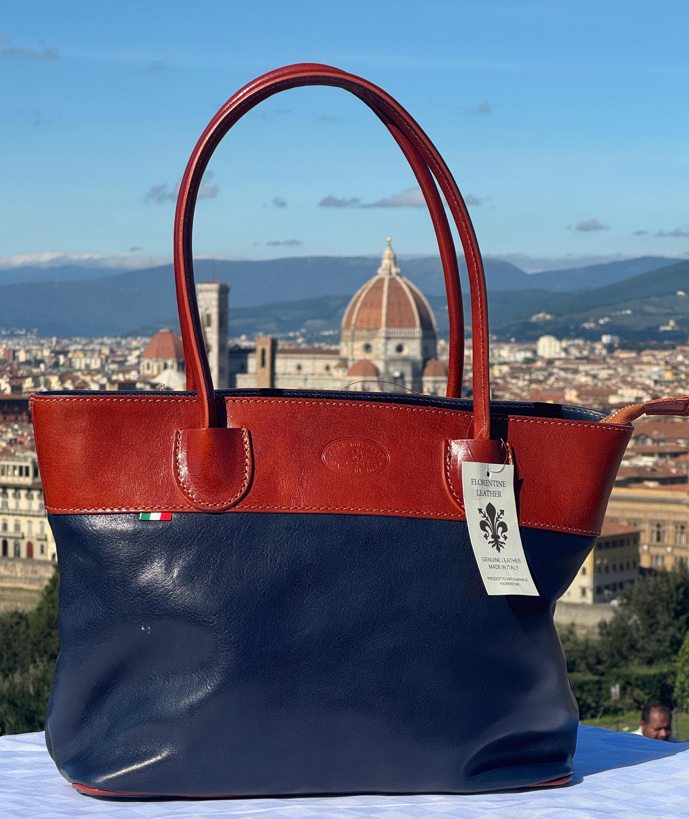 Italian Handmade Leather Bag For Women | Elegant Navy & Brown Leather Tote Bag From Florence, Made in Italy