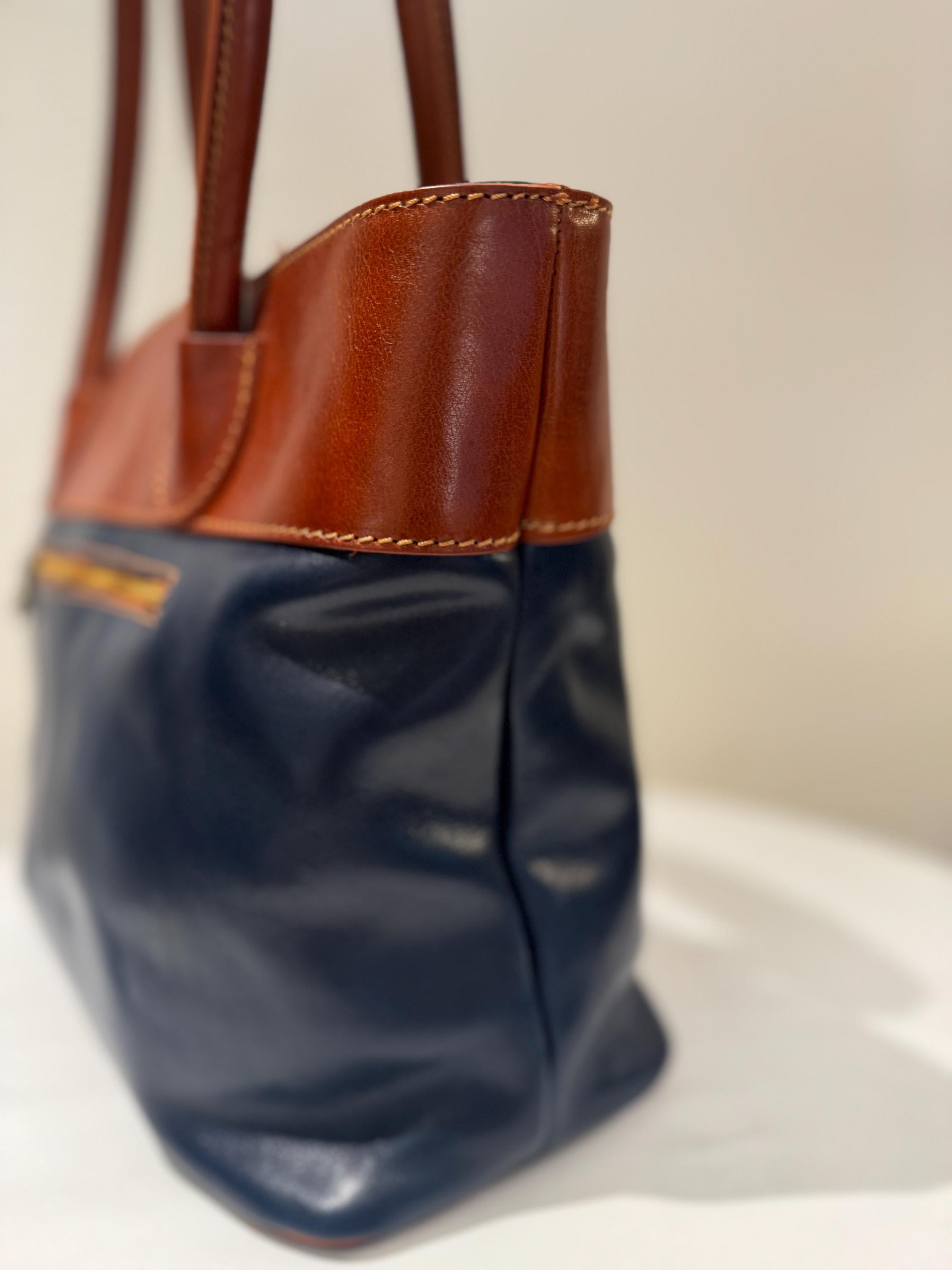 Italian Handmade Leather Bag For Women | Elegant Navy & Brown Leather Tote Bag From Florence, Made in Italy