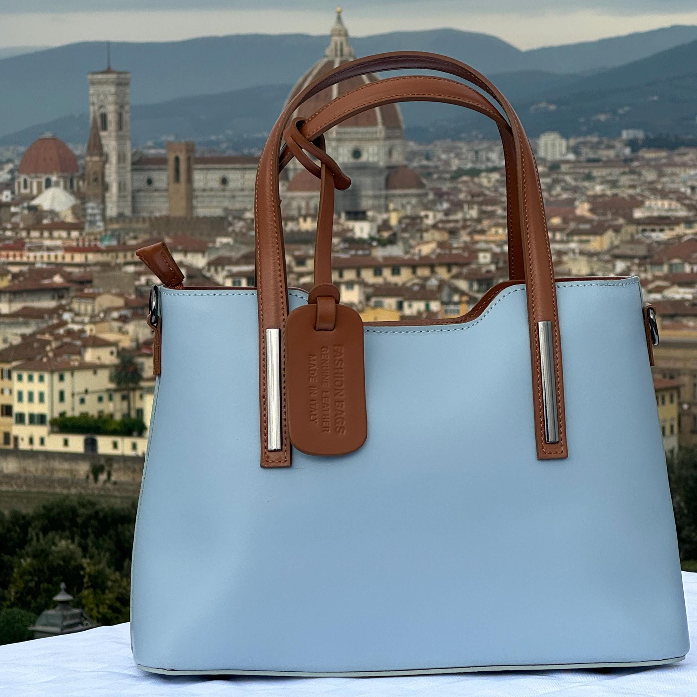 Italian Handmade Leather Bag For Women | Elegant Light Blue Leather Tote Bag From Florence, Made in Italy