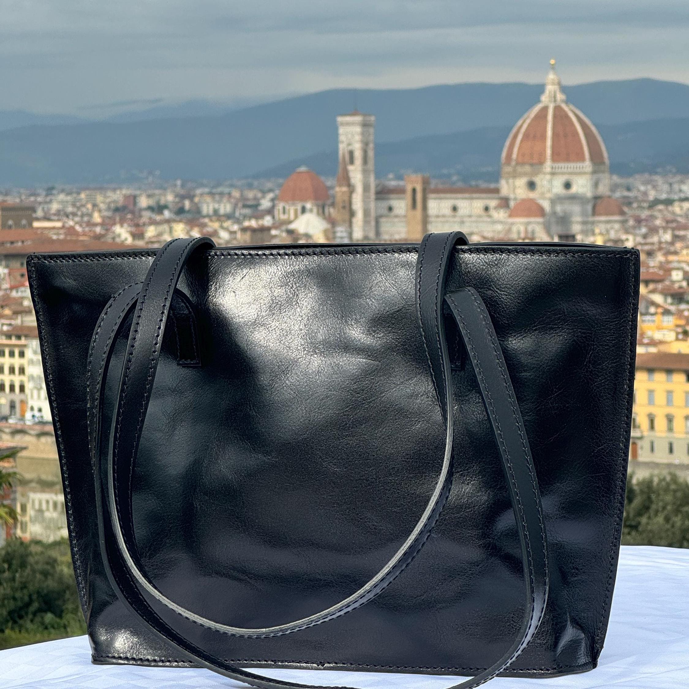 Italian Handmade Leather Bag For Women | Elegant Black Leather Tote | From Florence, Made in Italy