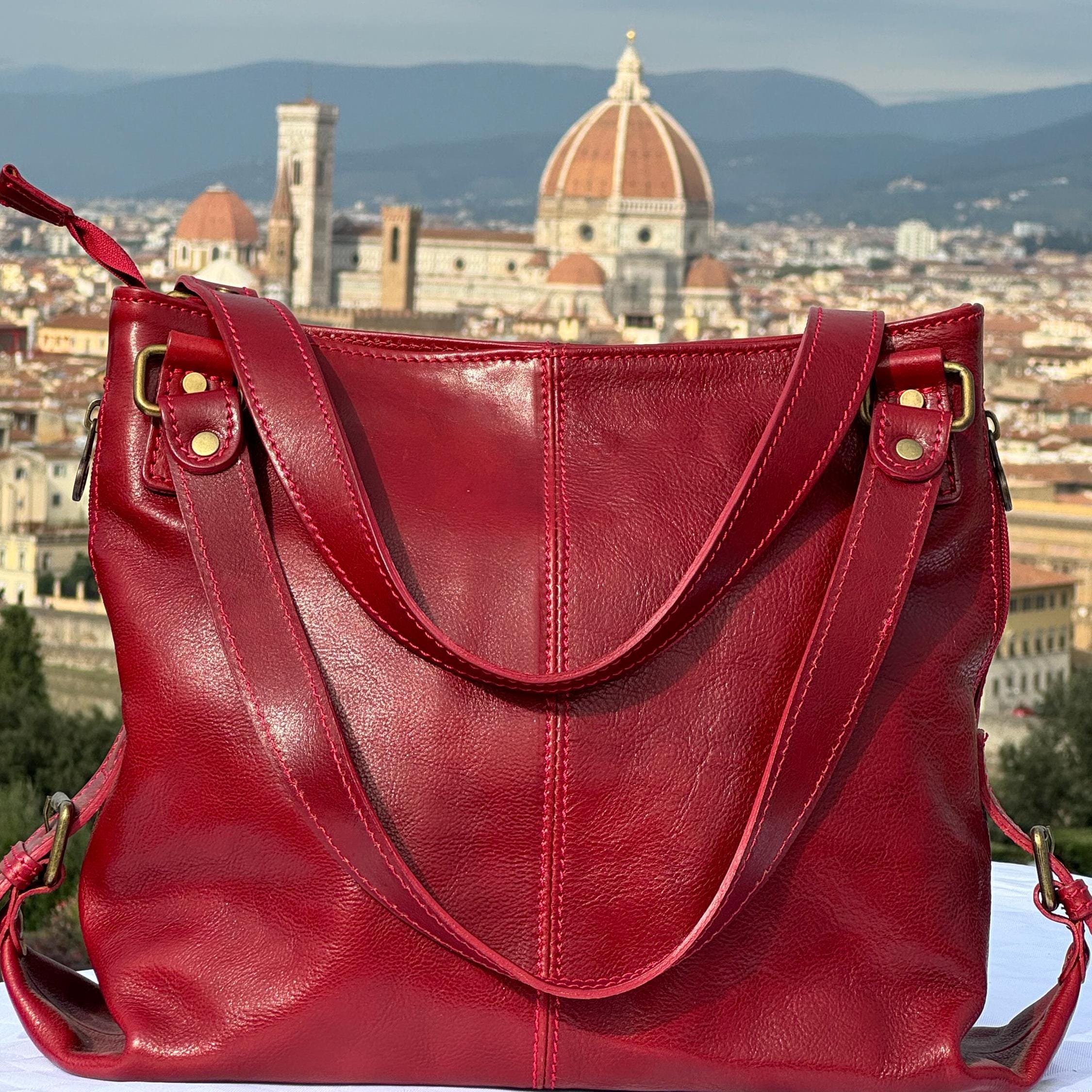 Italian Handmade Leather Bag For Women | Elegant Red Leather Tote Bag | From Florence, Made in Italy