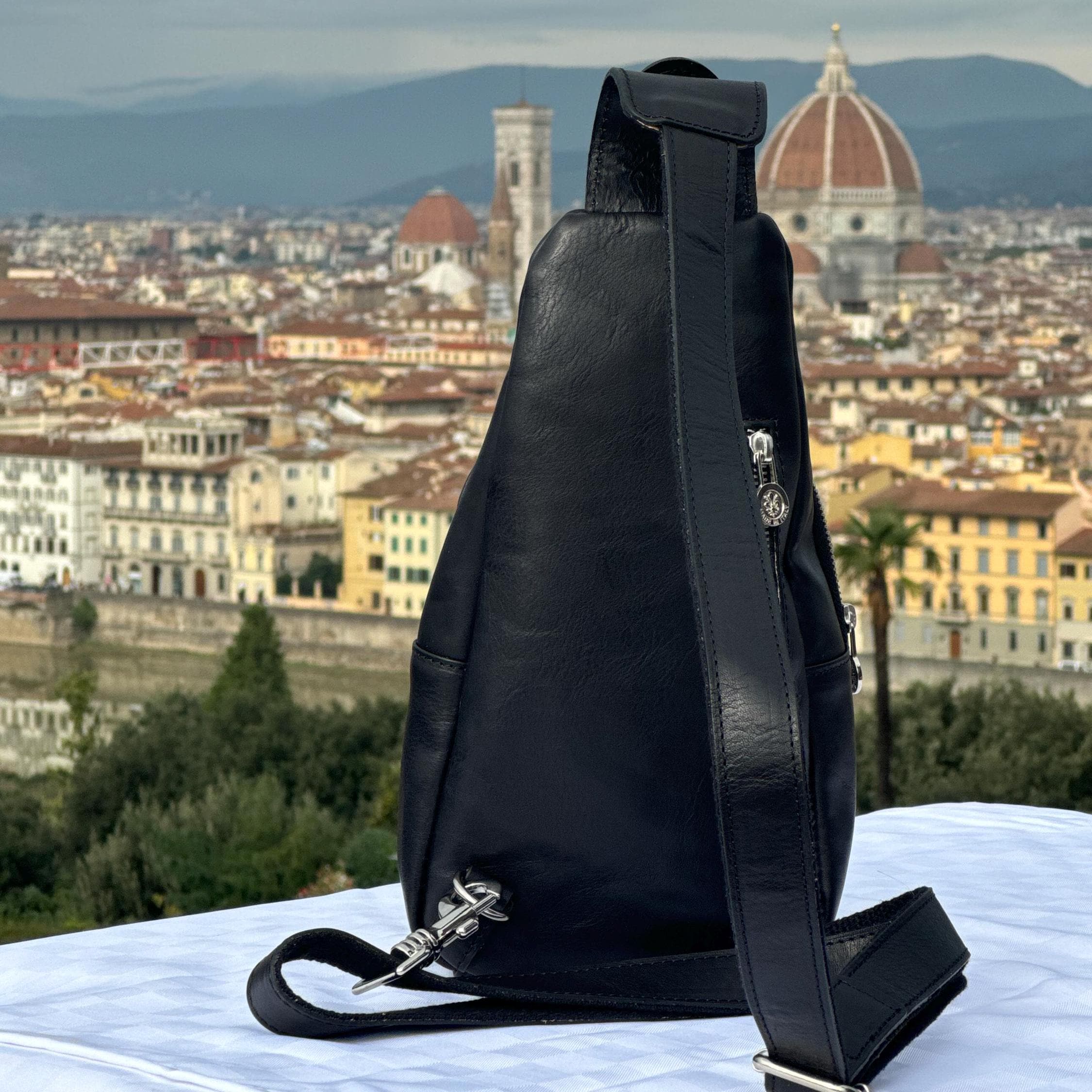 Italian Handmade Leather Sling Bag | Unisex Crossbody Backpack, Black Bag, Made in Italy