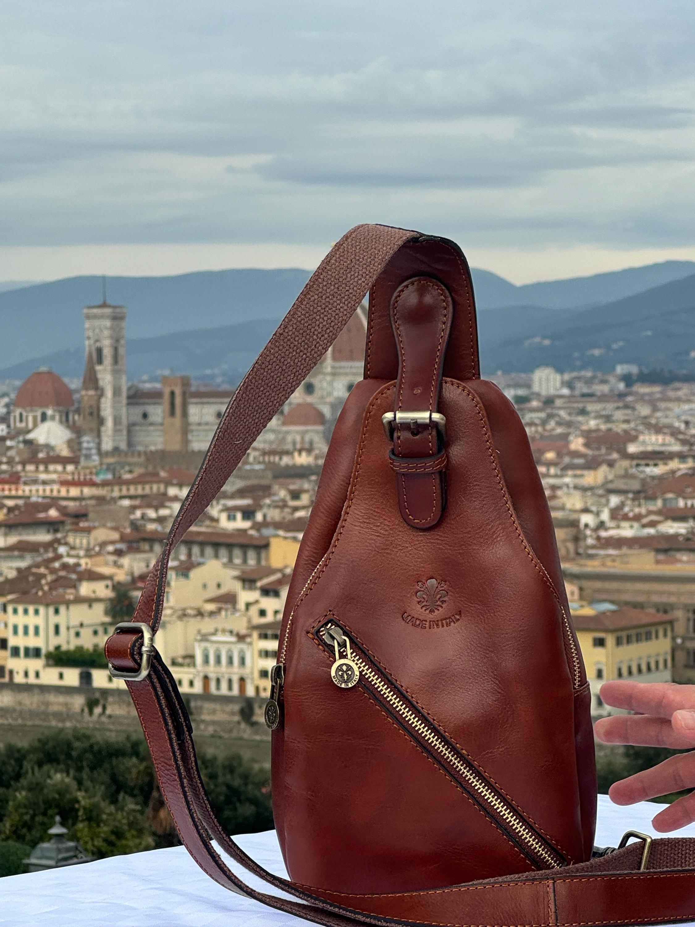 Italian Handmade Leather Bags for Unisex l l Elegant Sling Bag from Florence, Brown Bag, Made in Italy