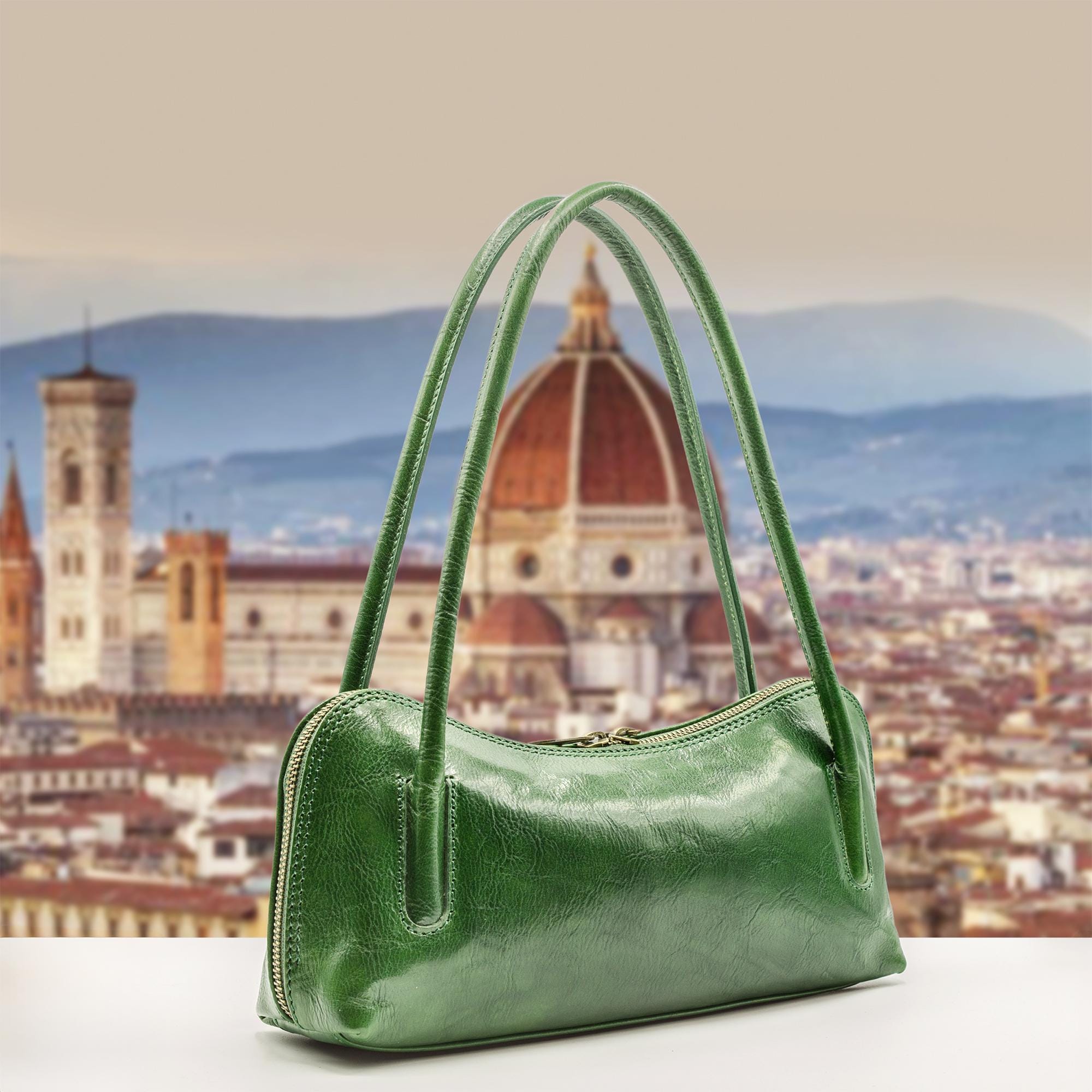 Italian Handmade Leather Bags For Women | Elegant Green Leather Tote From Florence, Made in Italy