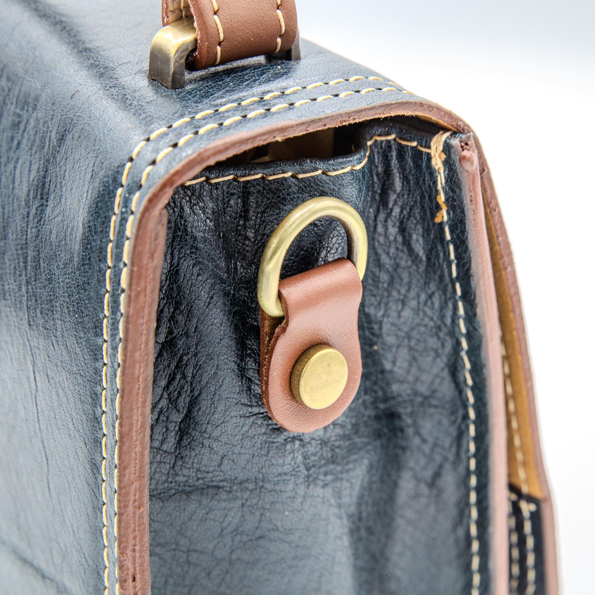 Italian Handmade Leather Bag For Women | Vintage-Inspired Leather Satchel From Florence | Blue & Tan Crossbody Bag, Made in Italy