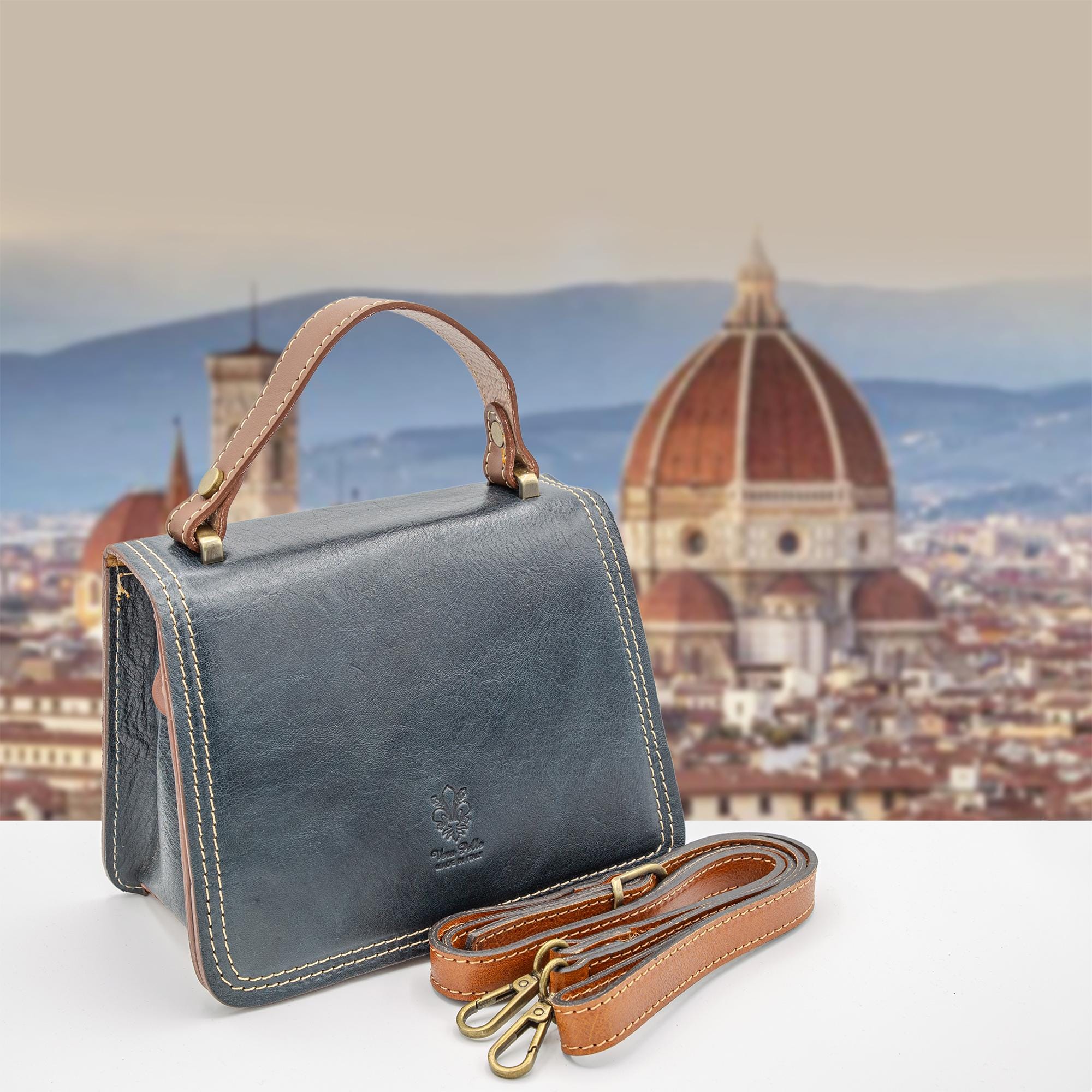 Italian Handmade Leather Bag For Women | Vintage-Inspired Leather Satchel From Florence | Blue & Tan Crossbody Bag, Made in Italy