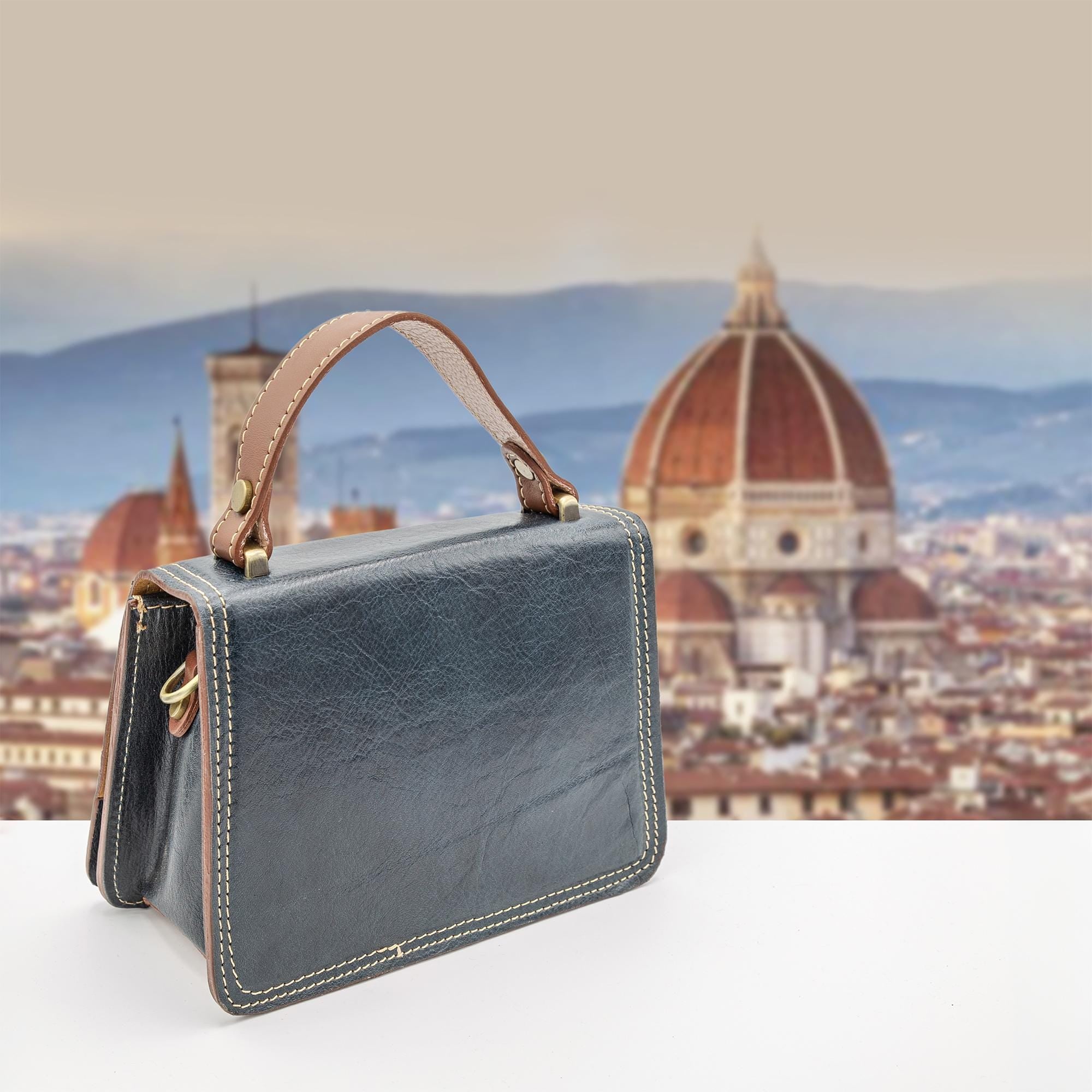 Italian Handmade Leather Bag For Women | Vintage-Inspired Leather Satchel From Florence | Blue & Tan Crossbody Bag, Made in Italy