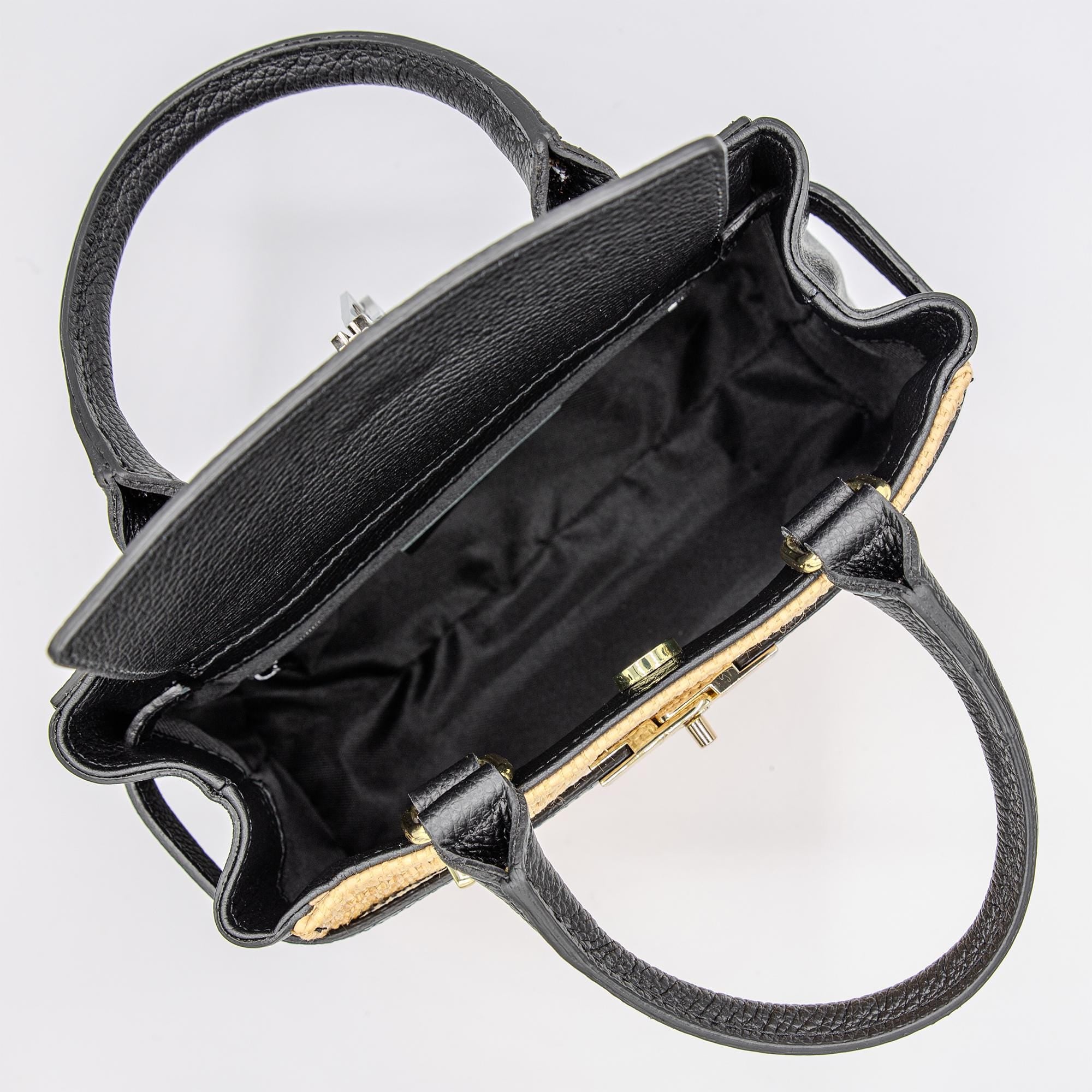 Italian Handmade Leather Bag for Women | Elegant Black Leather & Raffia Tote From Florence | Summer Purse, Made in Italy