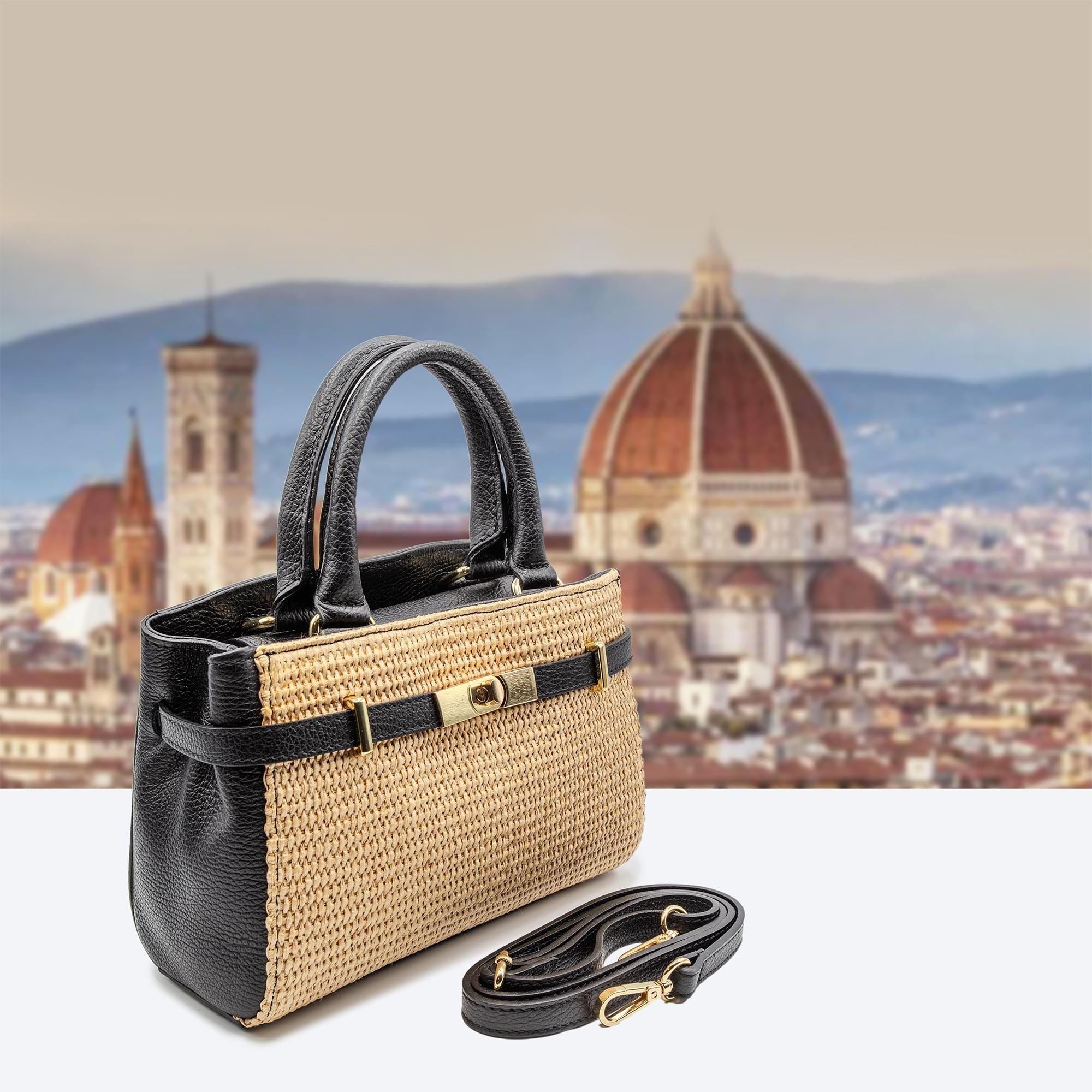 Italian Handmade Leather Bag for Women | Elegant Black Leather & Raffia Tote From Florence | Summer Purse, Made in Italy